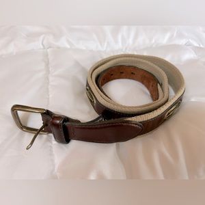 Men’s Brighten Brass Sailfish & Buckle Belt, Brown Leather & Tan Canvas. Size 38